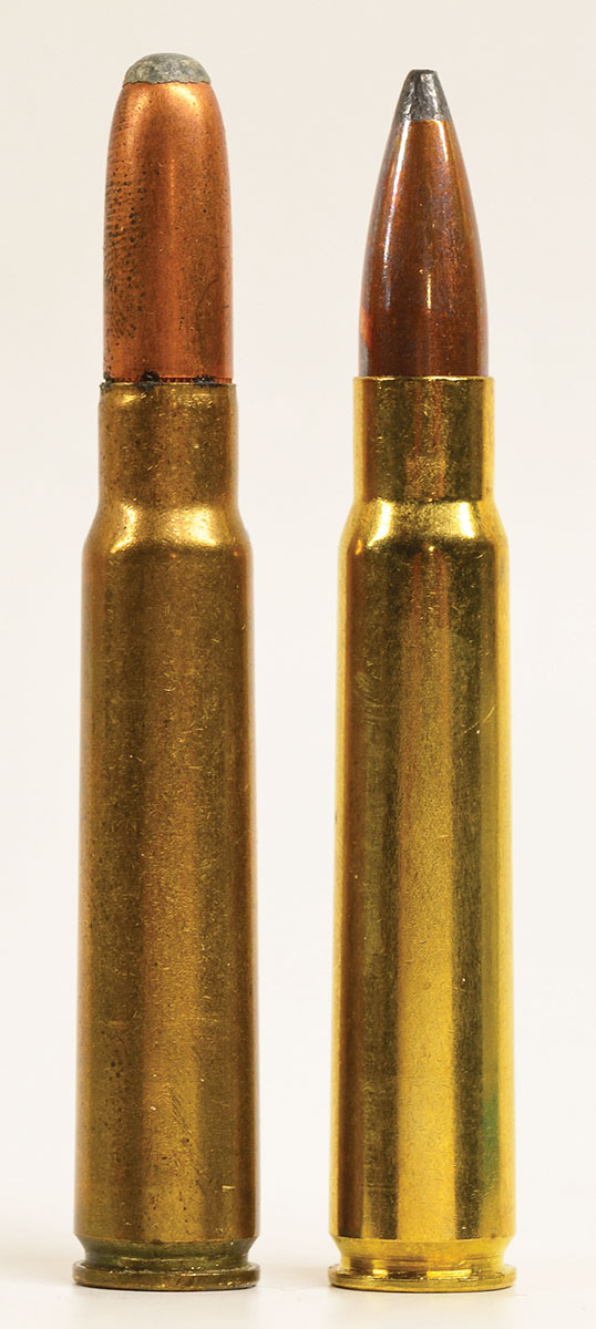 The 8x56 M-S (left) beside its near-twin, the 8x57 Mauser (right). Indistinguishable at more than a few feet.